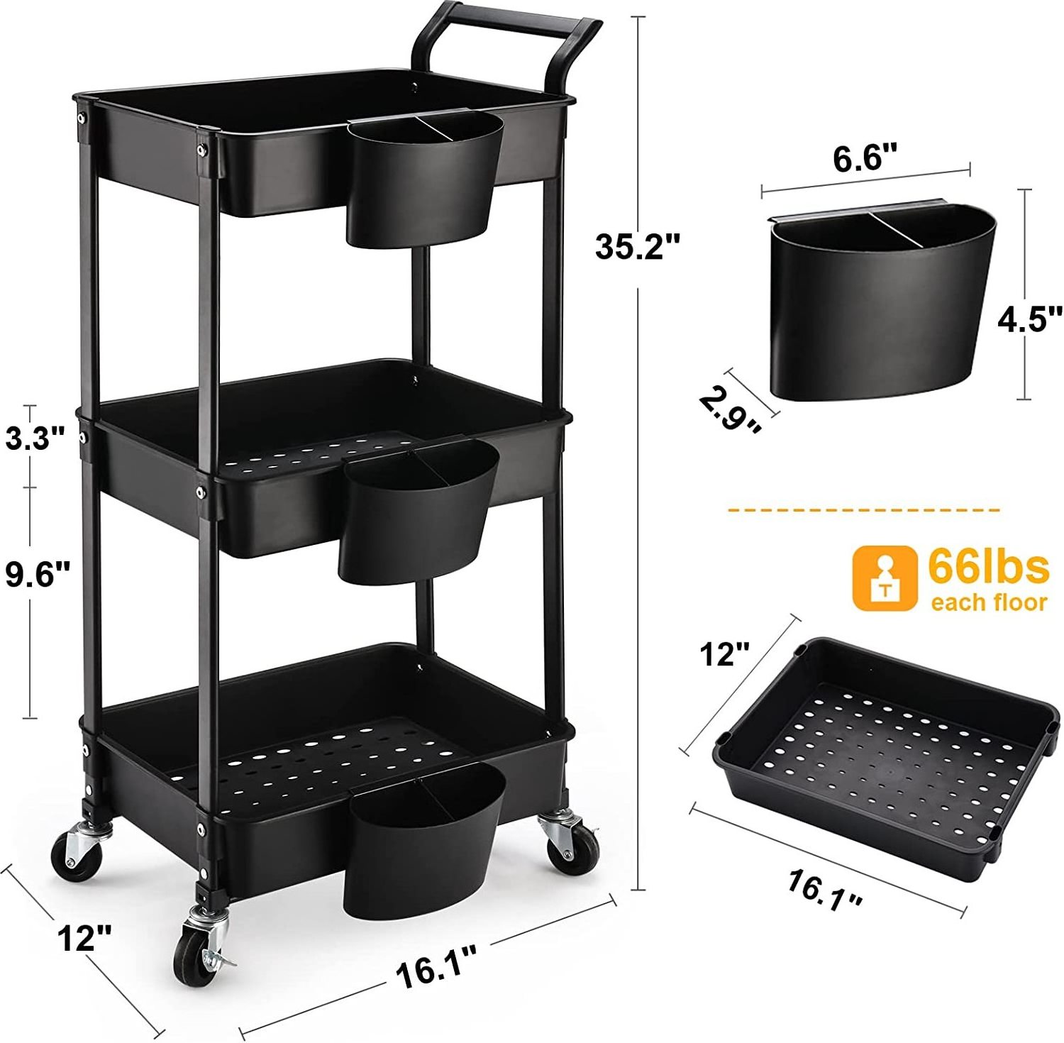 3-tier Utility Rolling Cart Storage Holders & Racks Multifunction Kitchen Organizer Metal Kitchen Shelves for Non-folding Rack