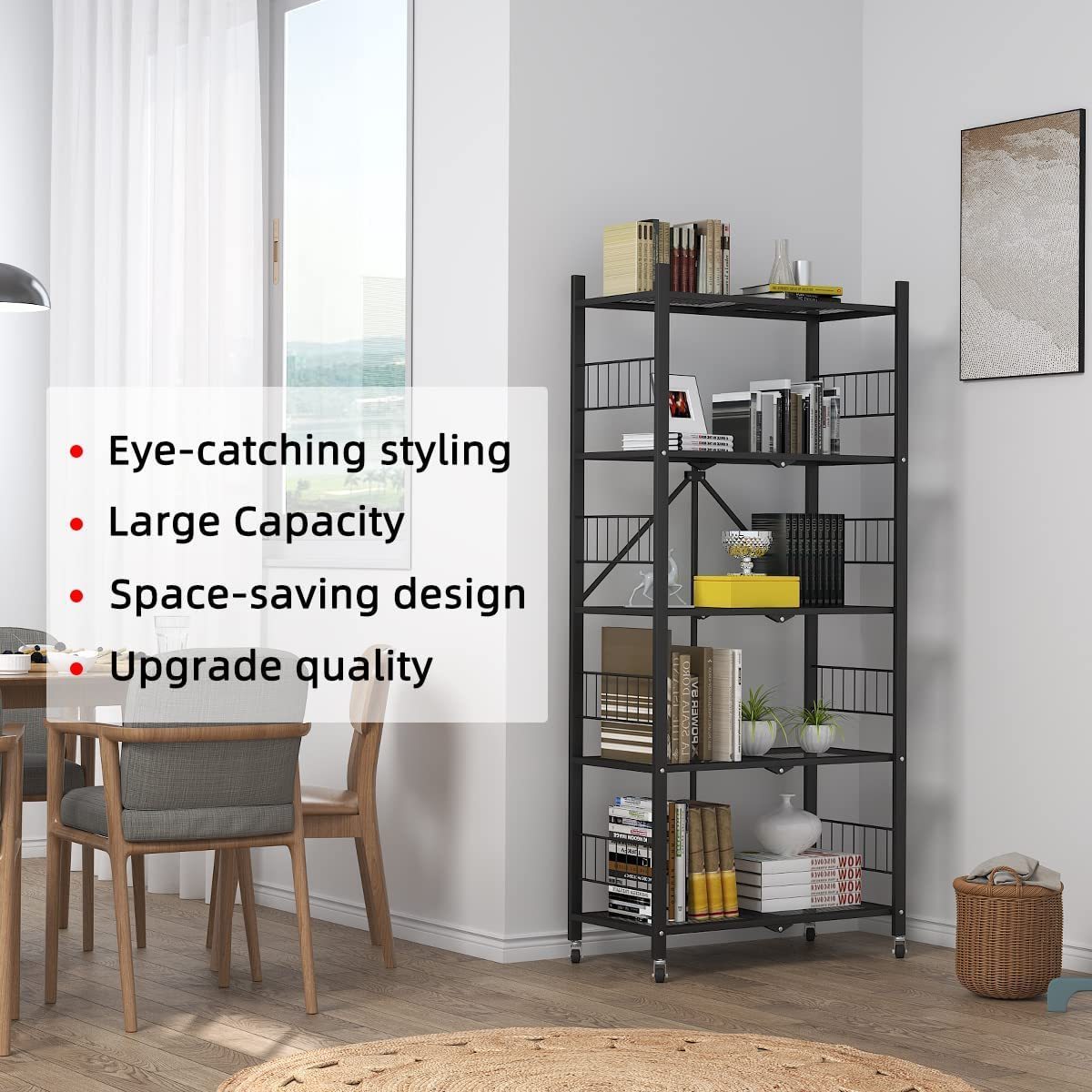 Folding Storage Shelves, 5-Tier Metal Collapsible Shelves with Wheels, Shelving Units and Storage Rack