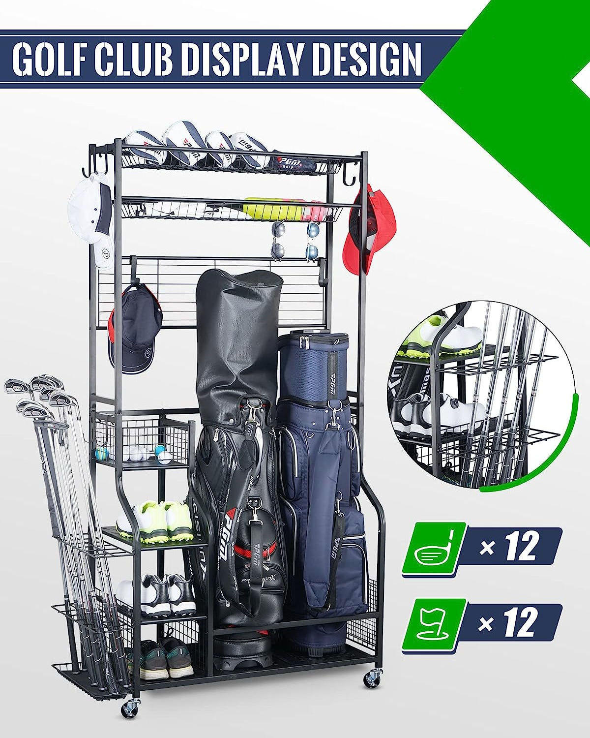 Golf Bag Storage Garage Organizer, Extra Golf Clubs Display Rack , Golfing Equipment Accessories Storage Rack