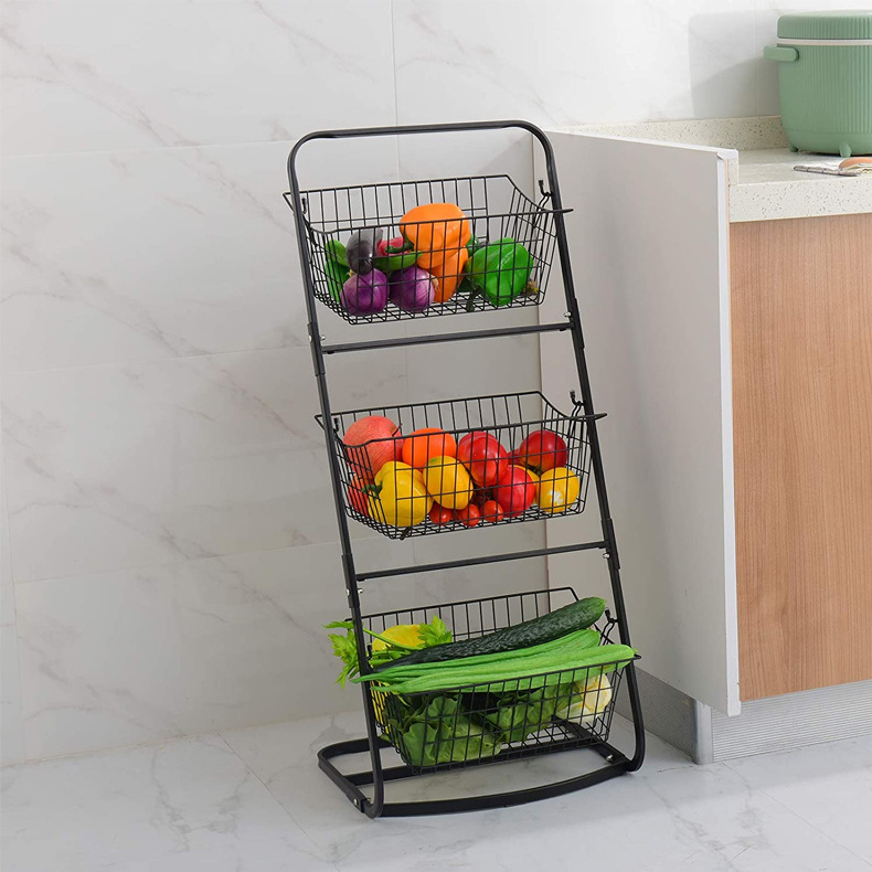 3 Tier Metal Market Basket Stand Storage Shelves for Fruits and Vegetables Organize Hanging Storage Bin for Kitchen