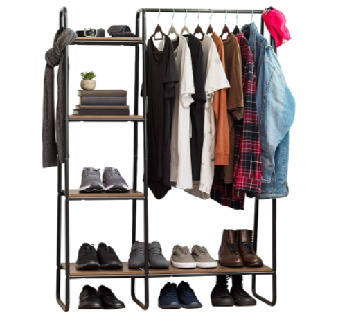 Freestanding Clothes Rack with 3 Wood Shelves Easy to Assemble Garment Rack