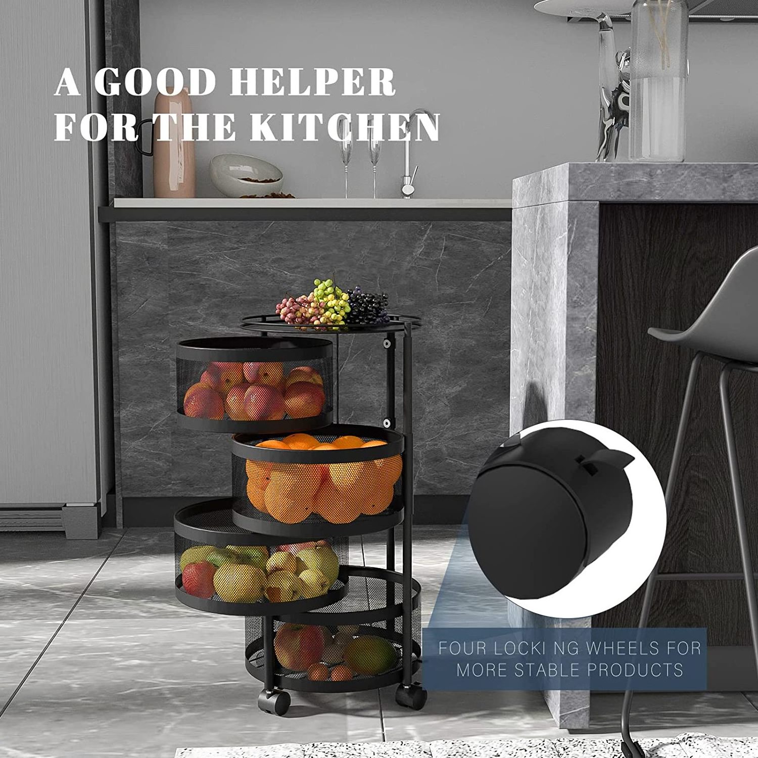 Storage Rack for Kitchen,fruit Basket Rotating,potatoes Storage Basket Storage Holders & Racks Multifunction with Wheel Metal