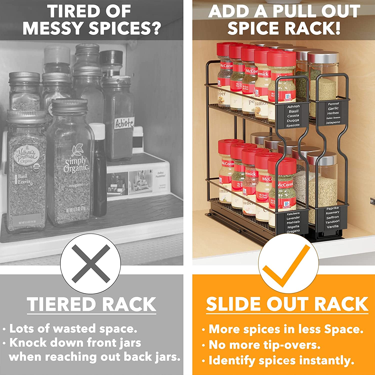 Closet Spice Rack Organizer for Cabinet Heavy Duty Seasoning 2 Tier Kitchen Rack Metal Storage stand  Slide Out Cabinet