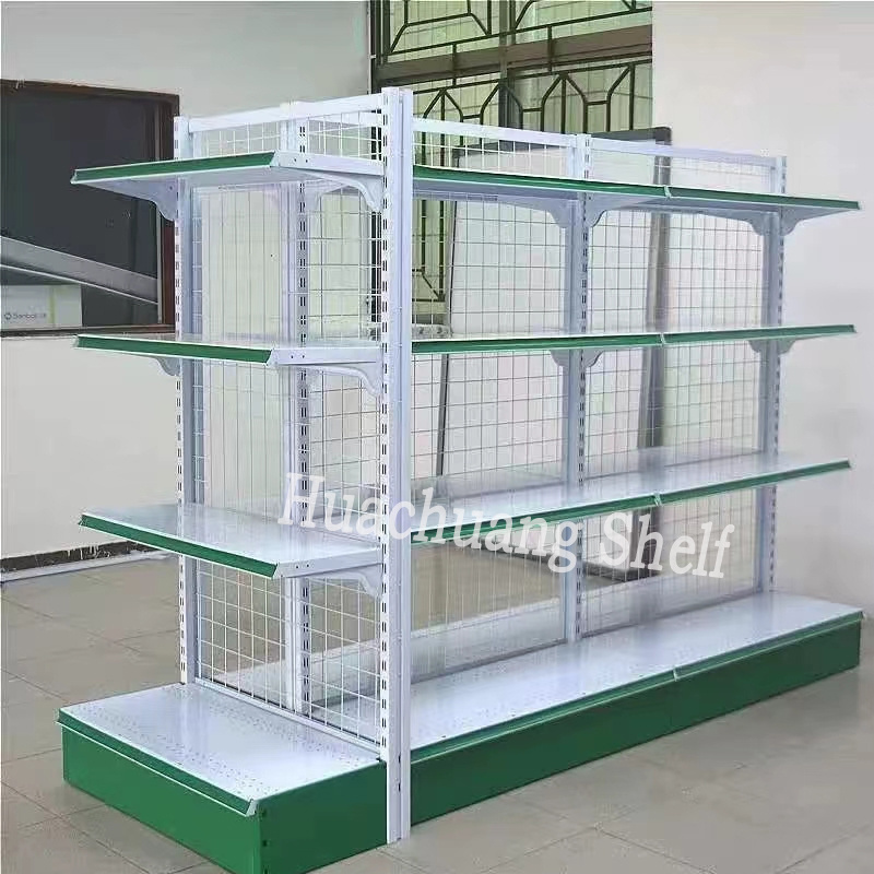 In stock light duty super market shelf grocery retail store steel food display rack mini convenience metallic green wire shelves