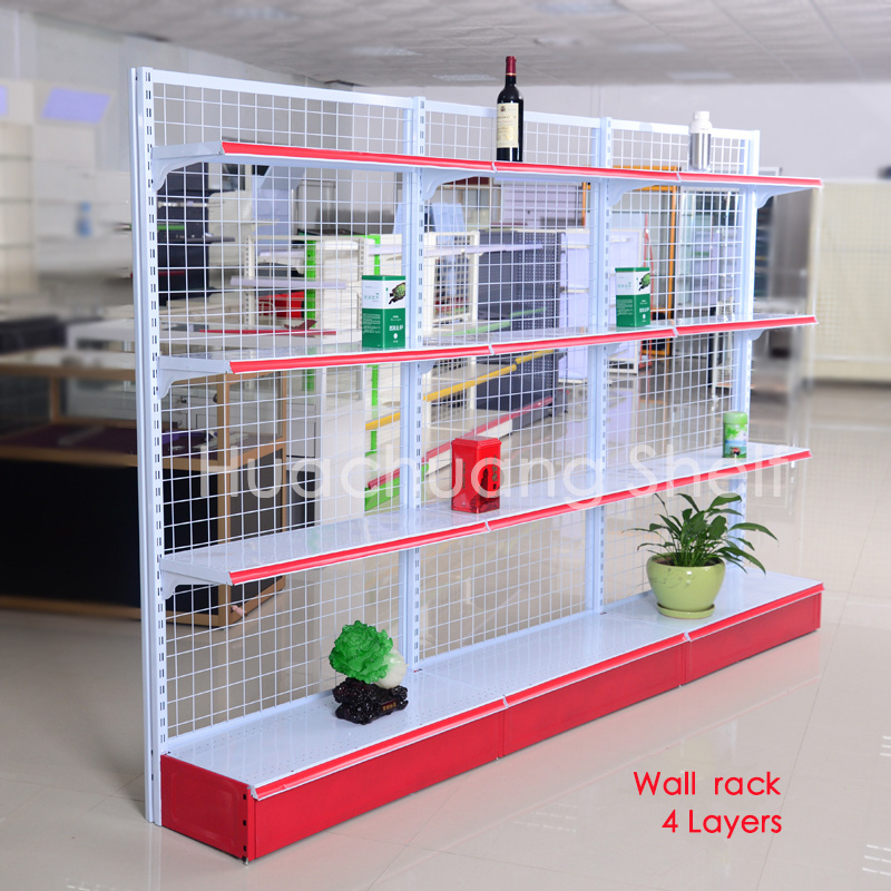 In stock light duty metallic convenience store gondola rack customized double side display shelf 4 layers wire mesh shelving