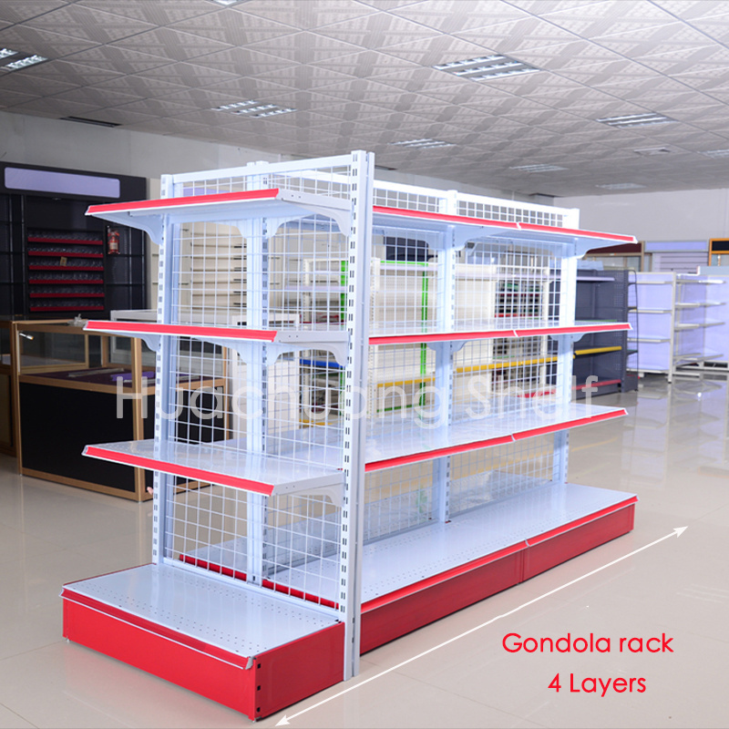 In stock light duty metallic convenience store gondola rack customized double side display shelf 4 layers wire mesh shelving