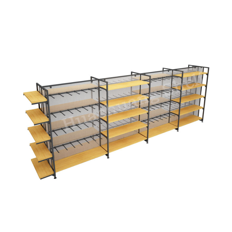 High quality miniso retail shop metal and wood display shelf customized adjustable gondola rack optional shelving or hooks