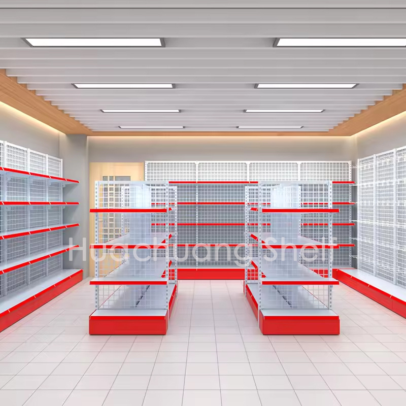 In stock light duty metallic convenience store gondola rack customized double side display shelf 4 layers wire mesh shelving