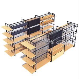 High quality miniso retail shop metal and wood display shelf customized adjustable gondola rack optional shelving or hooks