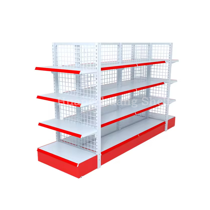 In stock light duty metallic convenience store gondola rack customized double side display shelf 4 layers wire mesh shelving