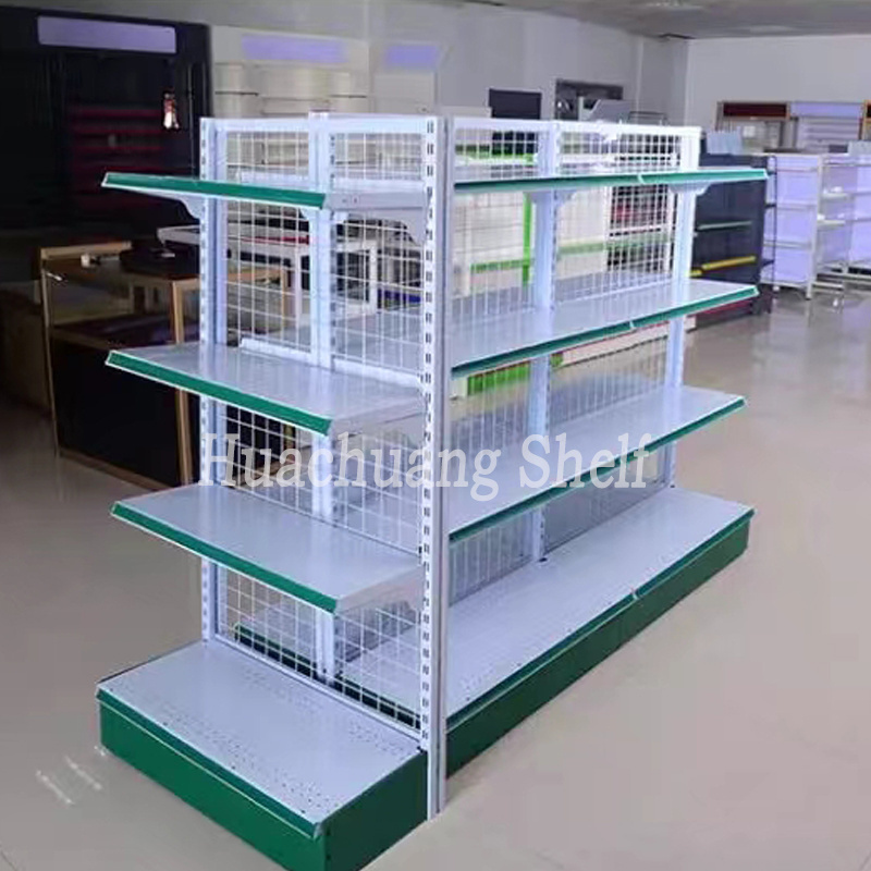 In stock light duty super market shelf grocery retail store steel food display rack mini convenience metallic green wire shelves