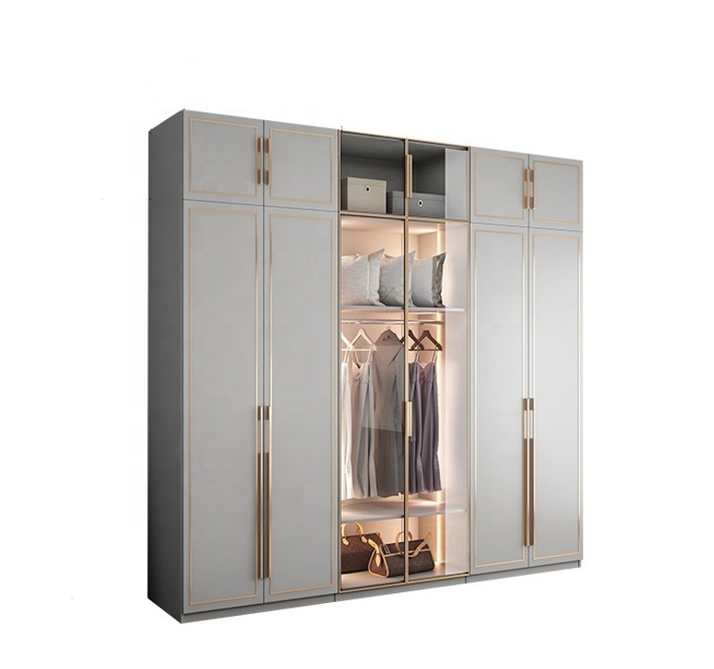 Hotel Home Furniture Showcase Design Luxury Closet Modern Organizer Set Grey Light Bedroom Glass Door Wooden Wardrobe With Led