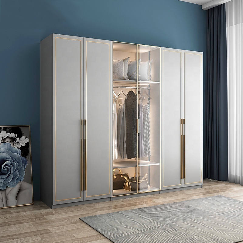 Hotel Home Furniture Showcase Design Luxury Closet Modern Organizer Set Grey Light Bedroom Glass Door Wooden Wardrobe With Led