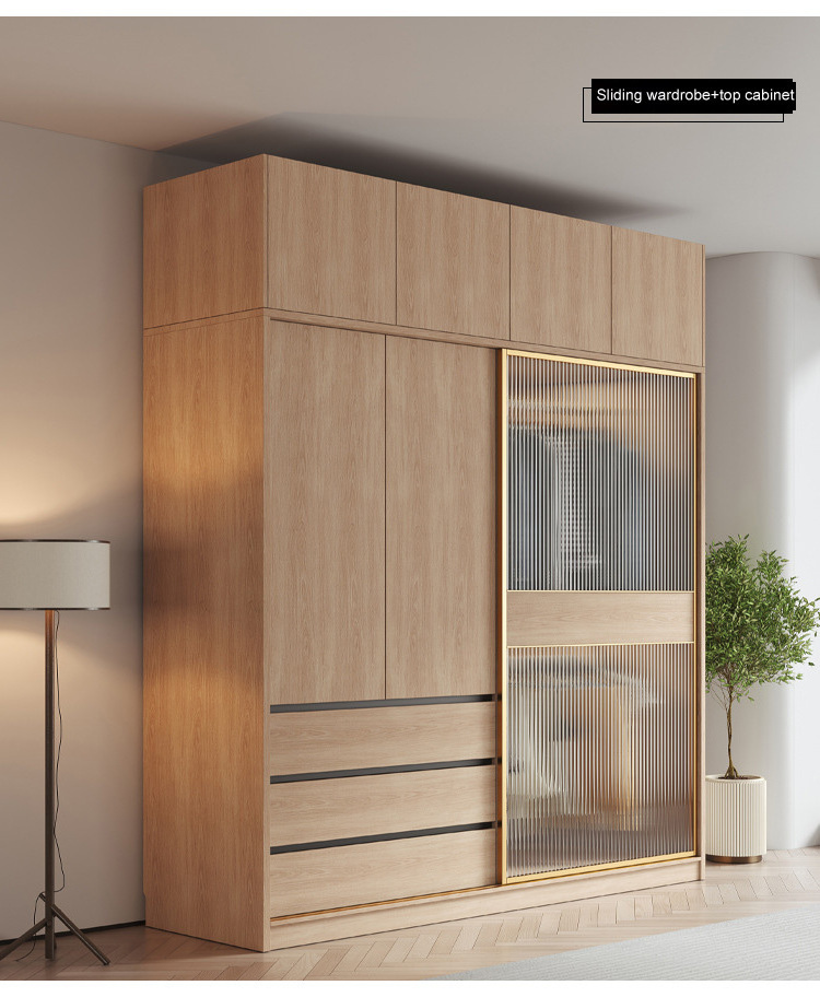 Closet Tempered Glass Wooden Modern Latest Design Bedroom Furniture Cloth Storage  Sliding Door Wardrobe