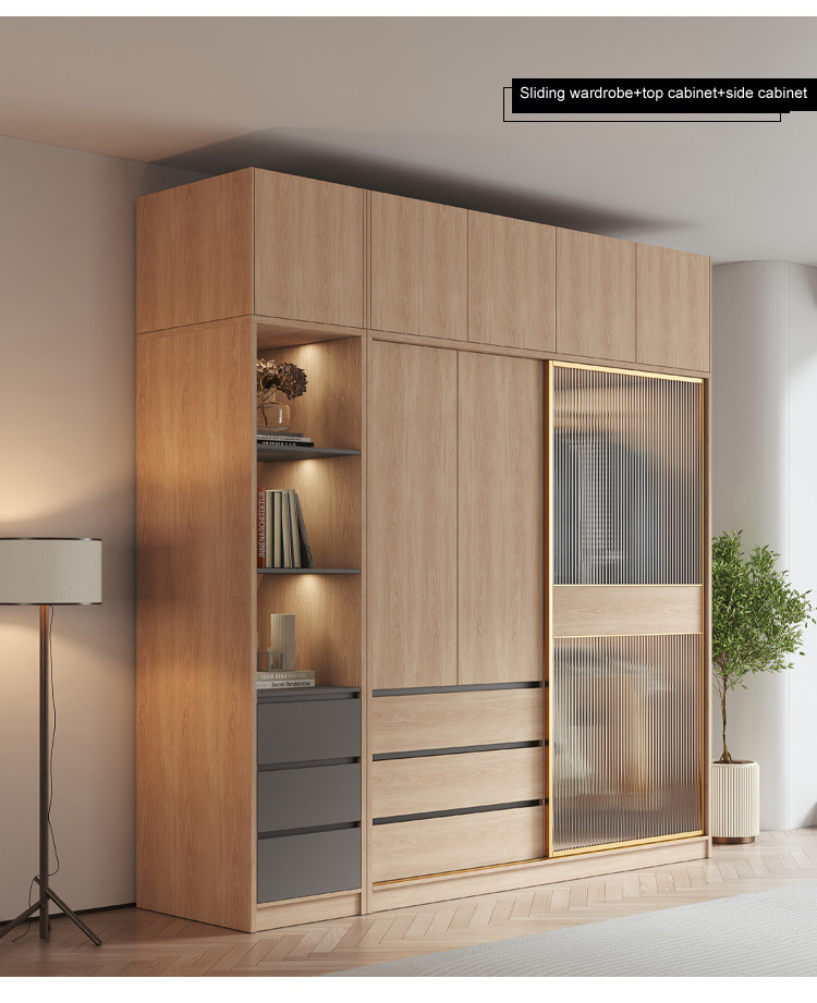 Closet Tempered Glass Wooden Modern Latest Design Bedroom Furniture Cloth Storage  Sliding Door Wardrobe