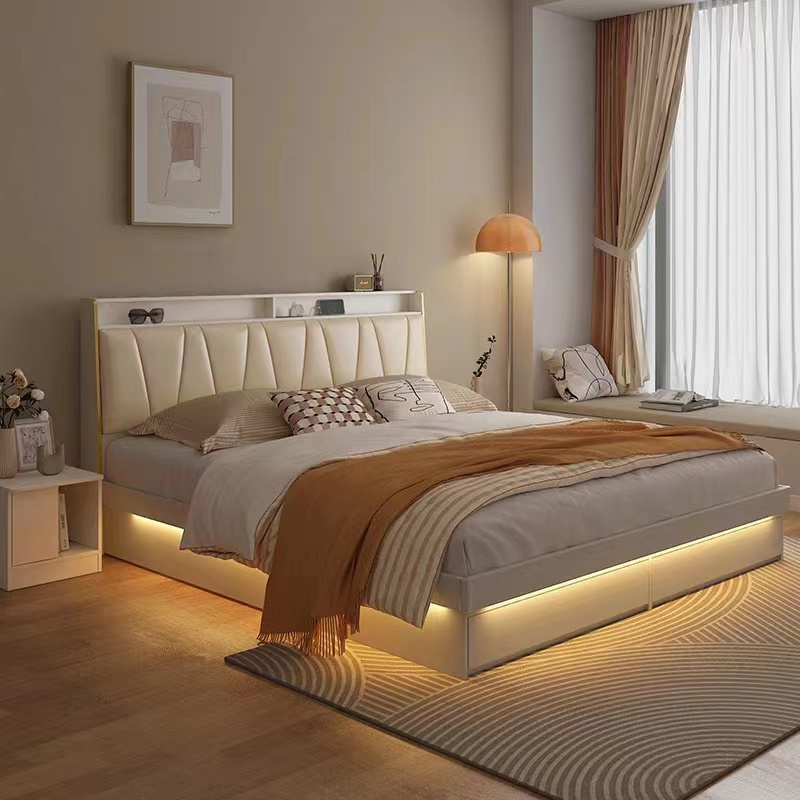 Usb Mdf Chinese Side Light Modern Wooden Bedroom Storage Wood White Home Furniture And Room Set Full Size Frame Double Bed