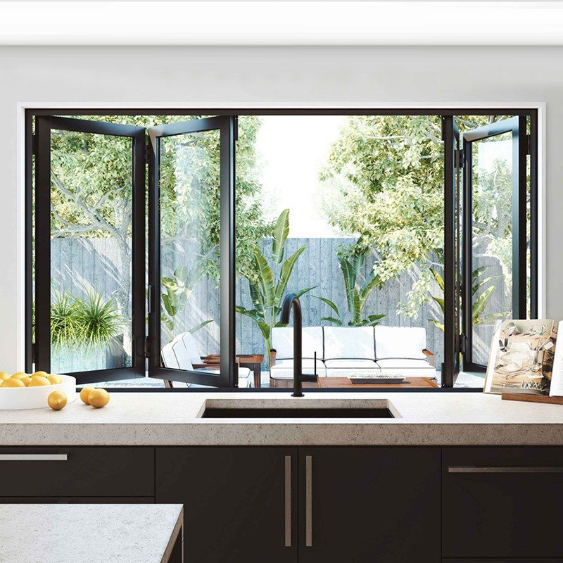 Modern heat insulation double glazed aluminium large black bifold windows horizontal folding windows