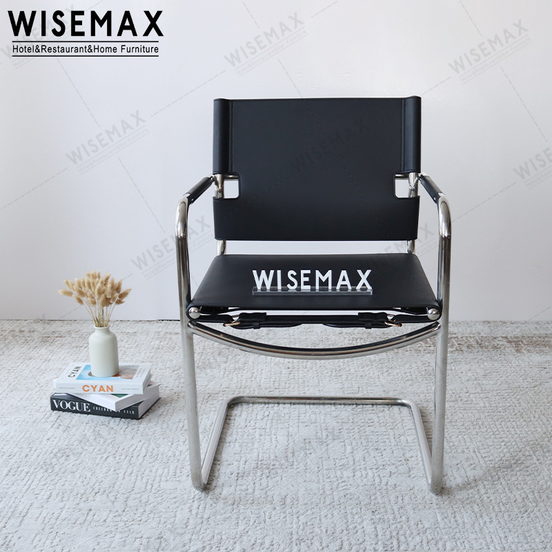 WISEMAX FURNITURE Mid century vintage bauhaus chrome metal black leather arm chair living room sillon saddle arm dining chair