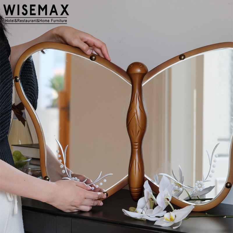 WISEMAX FURNITURE Nordic home decorative mirror butterfly makeup wall hanging mirror walnut wooden desk table top mirror