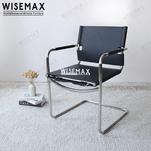 WISEMAX FURNITURE Mid century vintage bauhaus chrome metal black leather arm chair living room sillon saddle arm dining chair