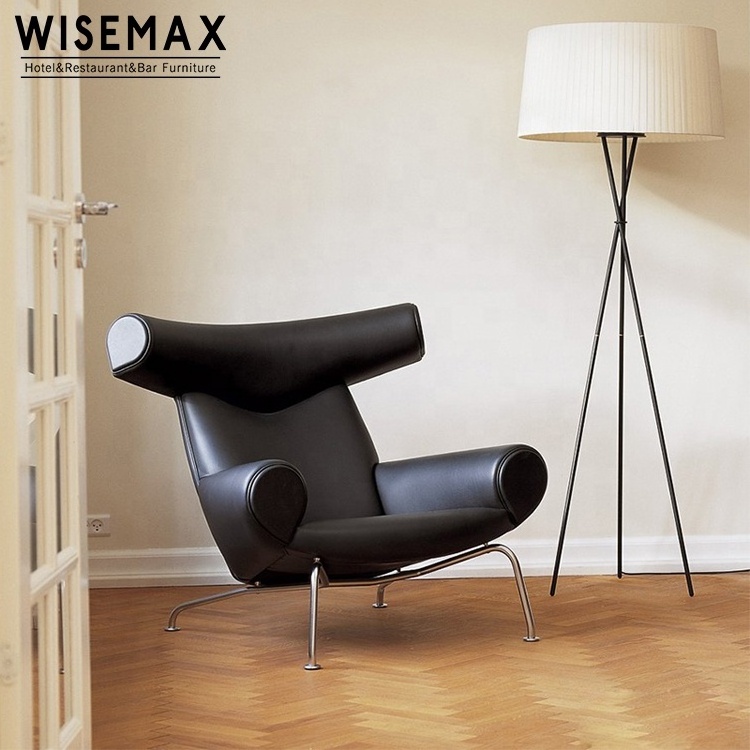 WISEMAX FURNITURE Modern Leisure Style Hotel Living Room Soft Black Leather Reclining Lounge Single Sofa Chair With Ottoman