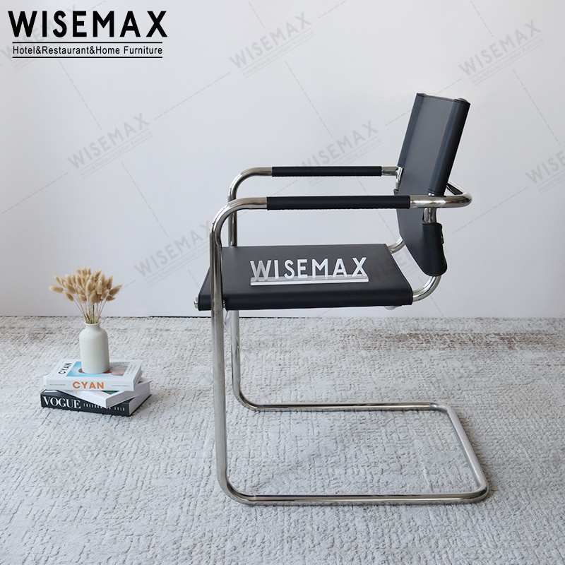 WISEMAX FURNITURE Mid century vintage bauhaus chrome metal black leather arm chair living room sillon saddle arm dining chair