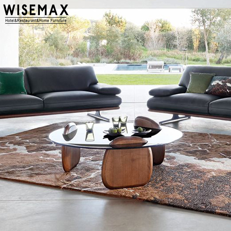 WISEMAX FURNITURE European Modern Minimalist Home Living Room Furniture Grey Glass Round Center Coffee Table With Solid Wood Leg