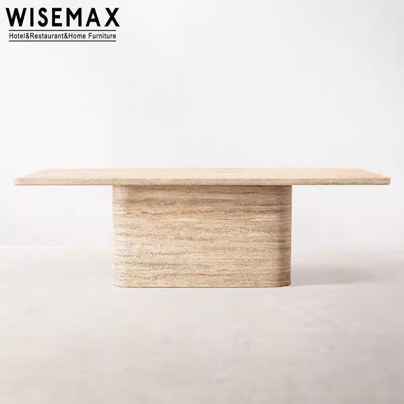 WISEMAX FURNITURE Contemporary luxury travertine dining table hotel villa large size rectangle marble dinning table for 10 seats