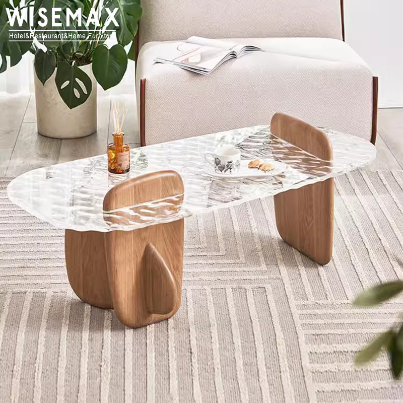 WISEMAX Scandinavian living room irregular shape coffee table acrylic top and wooden base oval center coffee table design