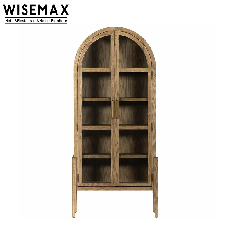 WISEMAX FURNITURE American Style Livingroom Furniture Retro Arched Bookshelf Vintage Solid Wood Wine Cabinet With Glass For Home