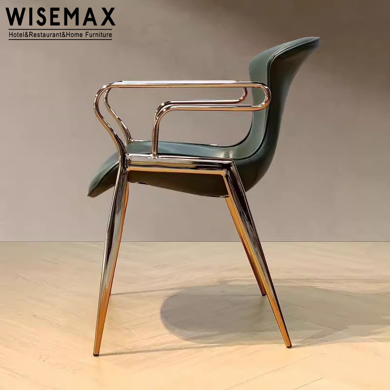 WISEMAX FURNITURE modern luxury stainless steel rose golden leather dining chair living room sillon saddle arm dining chair