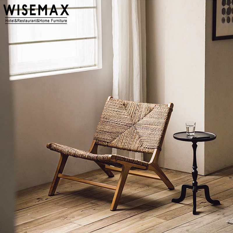 WISEMAX FURNITURE Retro Single Sofa Leisure Chair Solid Wood Chair Balcony Living Room Rope Lounge Chair For Hotel Home