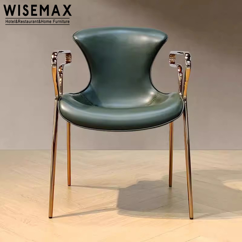 WISEMAX FURNITURE modern luxury stainless steel rose golden leather dining chair living room sillon saddle arm dining chair