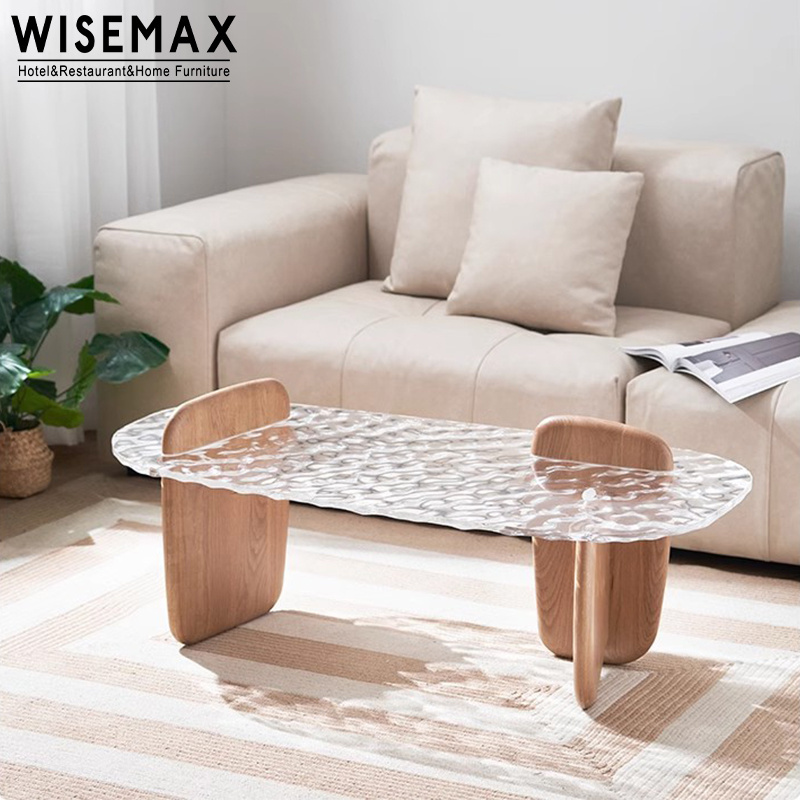 WISEMAX Scandinavian living room irregular shape coffee table acrylic top and wooden base oval center coffee table design