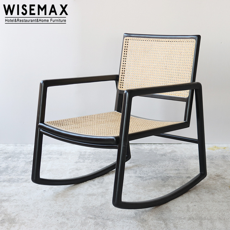 WISEMAX FURNITURE Modern Hot Sale Comfortable Relax Indoor Rattan Seat Swing Reclining Wood Rocking Lounge Chair For Sale