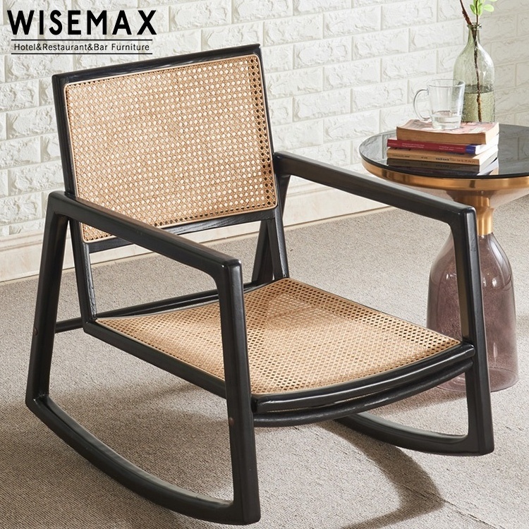 WISEMAX FURNITURE Modern Hot Sale Comfortable Relax Indoor Rattan Seat Swing Reclining Wood Rocking Lounge Chair For Sale