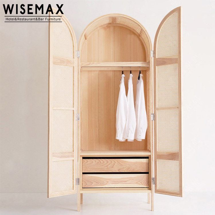 WISEMAX FURNITURE Modern Home Rattan Bedroom Furniture Multiple Solid Wooden Wardrobe Closet 2 Doors Clothes Storage Wardrobe