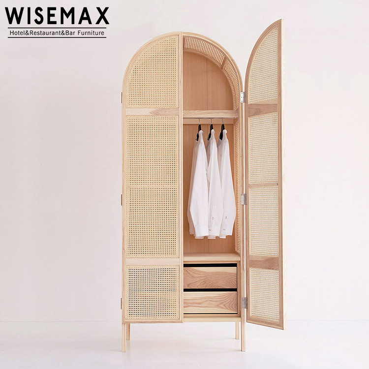 WISEMAX FURNITURE Modern Home Rattan Bedroom Furniture Multiple Solid Wooden Wardrobe Closet 2 Doors Clothes Storage Wardrobe