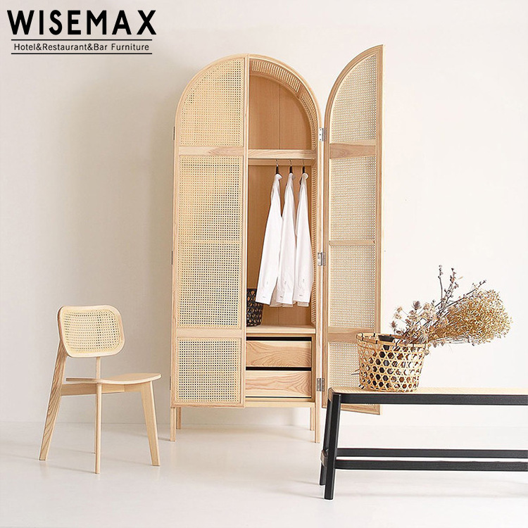 WISEMAX FURNITURE Modern Home Rattan Bedroom Furniture Multiple Solid Wooden Wardrobe Closet 2 Doors Clothes Storage Wardrobe