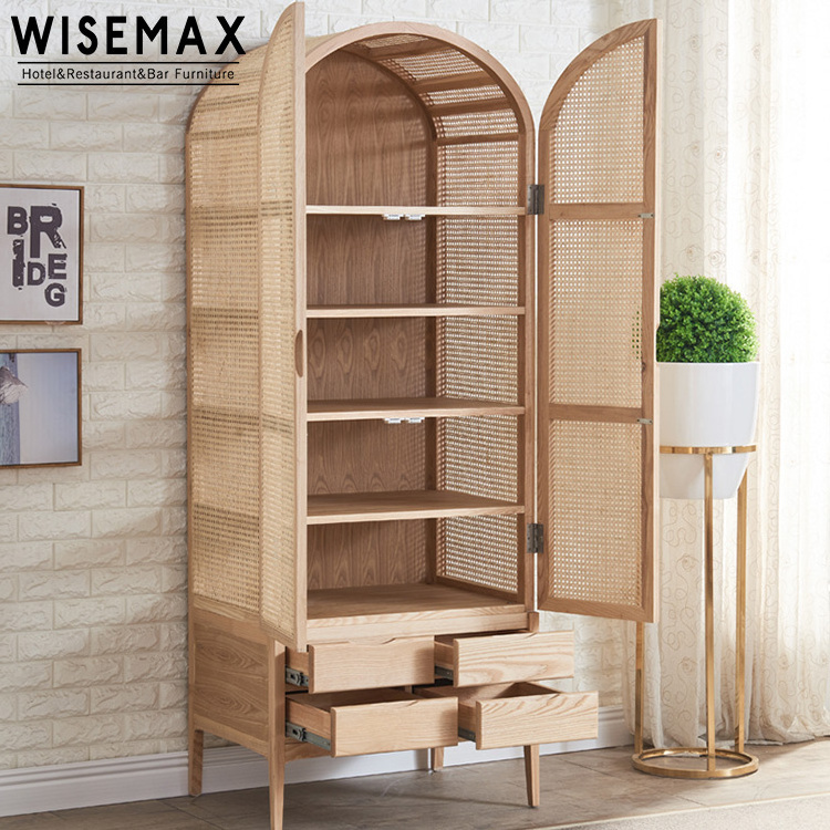 WISEMAX FURNITURE Modern Home Rattan Bedroom Furniture Multiple Solid Wooden Wardrobe Closet 2 Doors Clothes Storage Wardrobe