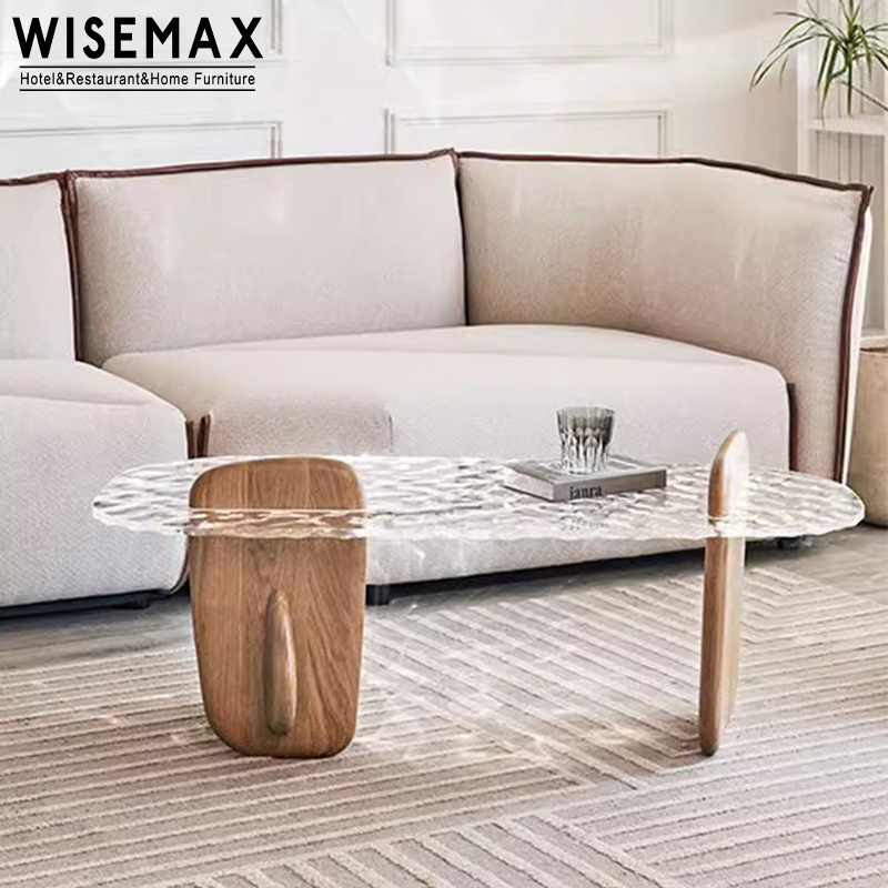 WISEMAX Scandinavian living room irregular shape coffee table acrylic top and wooden base oval center coffee table design