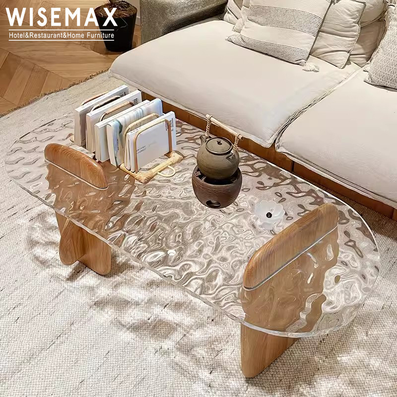 WISEMAX Scandinavian living room irregular shape coffee table acrylic top and wooden base oval center coffee table design