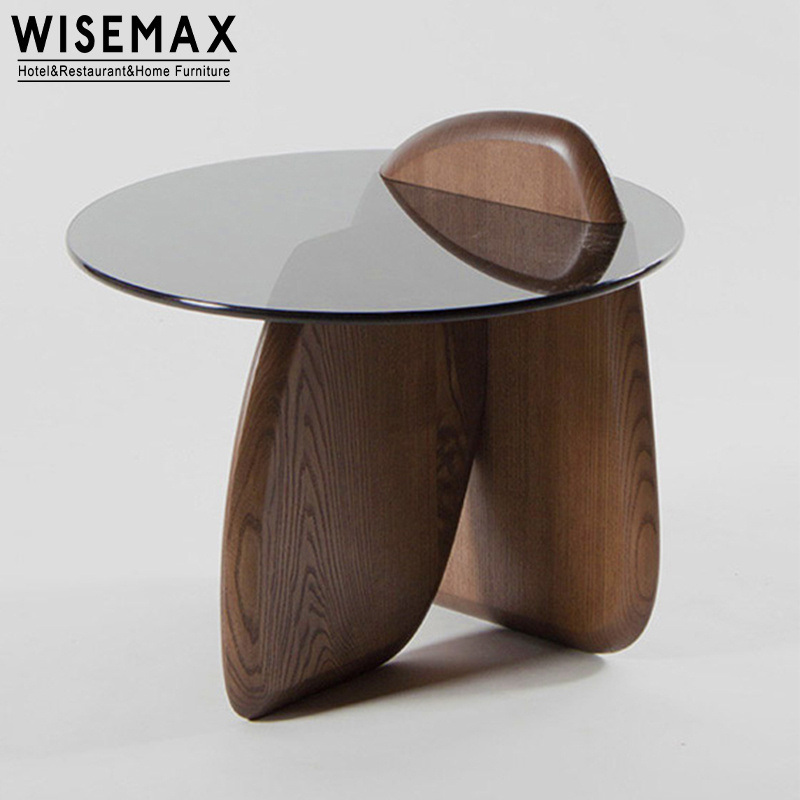 WISEMAX FURNITURE European Modern Minimalist Home Living Room Furniture Grey Glass Round Center Coffee Table With Solid Wood Leg