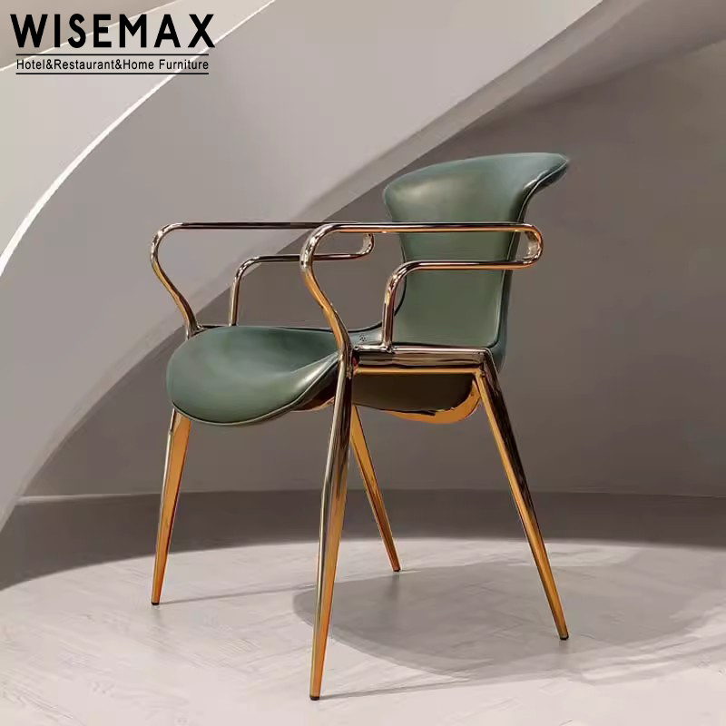 WISEMAX FURNITURE modern luxury stainless steel rose golden leather dining chair living room sillon saddle arm dining chair