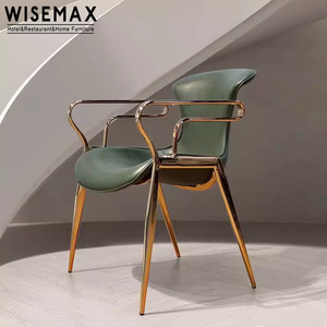 WISEMAX FURNITURE modern luxury stainless steel rose golden leather dining chair living room sillon saddle arm dining chair