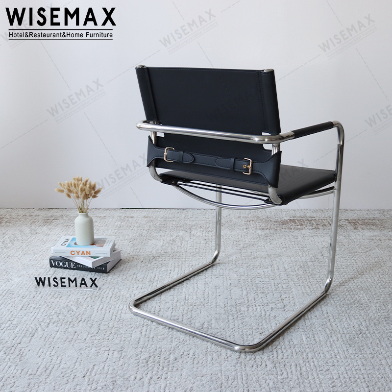 WISEMAX FURNITURE Mid century vintage bauhaus chrome metal black leather arm chair living room sillon saddle arm dining chair