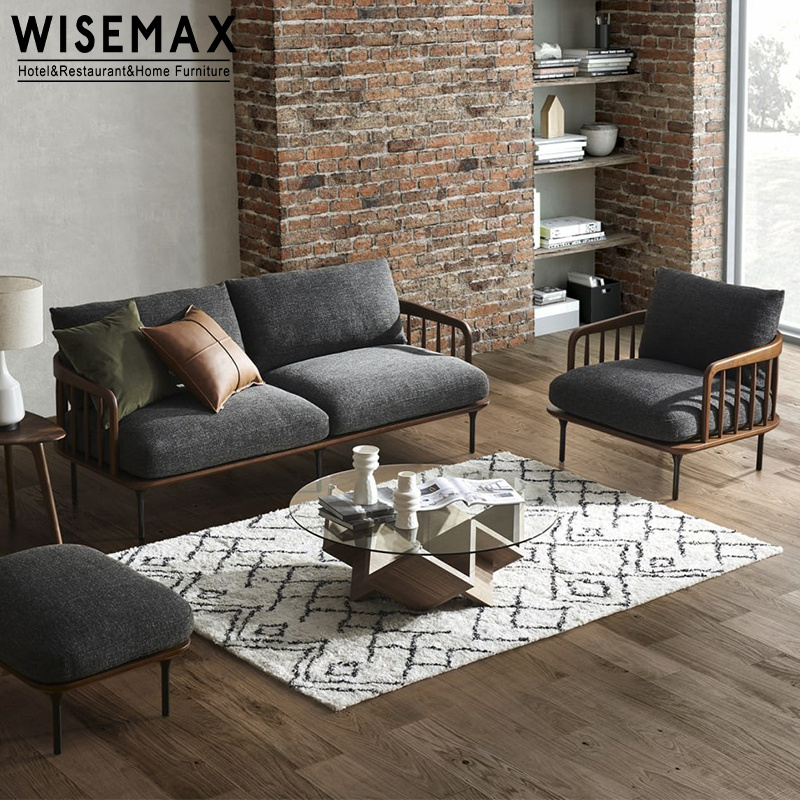 WISEMAX FURNITURE New-Chinese Style Fabric Upholstery Sofa Set Hotel Room Furniture Nordic Minimalist Solid Wood Sofa Chair