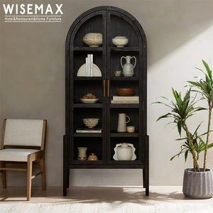 WISEMAX FURNITURE American Style Livingroom Furniture Retro Arched Bookshelf Vintage Solid Wood Wine Cabinet With Glass For Home