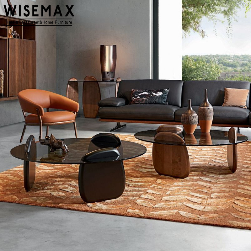 WISEMAX FURNITURE European Modern Minimalist Home Living Room Furniture Grey Glass Round Center Coffee Table With Solid Wood Leg