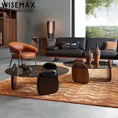 WISEMAX FURNITURE European Modern Minimalist Home Living Room Furniture Grey Glass Round Center Coffee Table With Solid Wood Leg